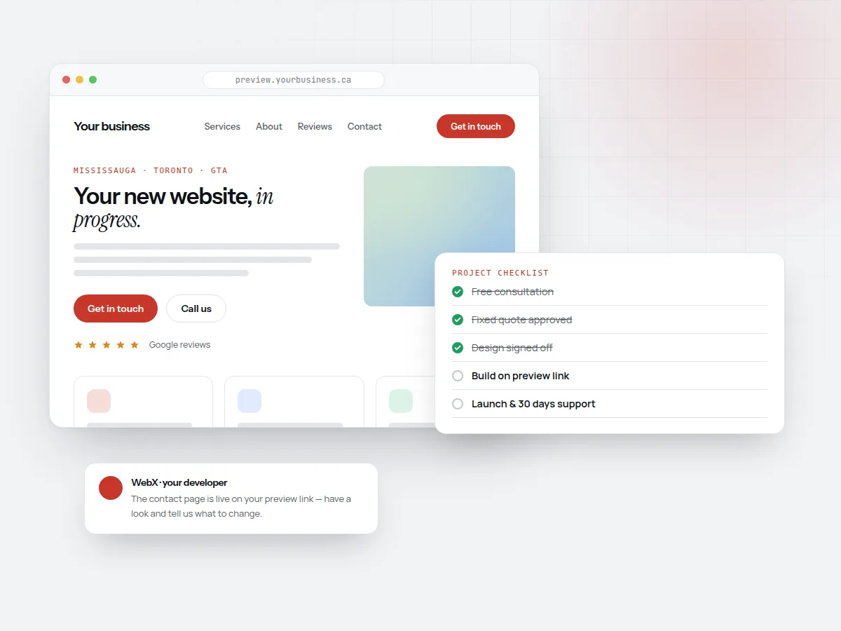 Illustration of a website in progress on a preview link, with a project checklist and a message from the developer