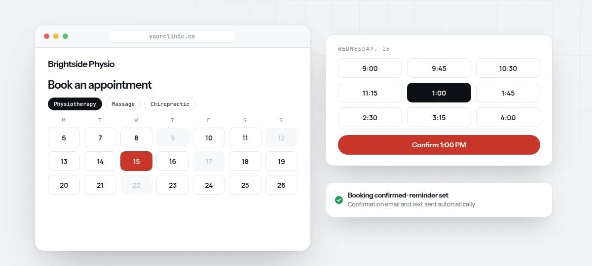 Illustration of a clinic website with an online booking calendar and service list