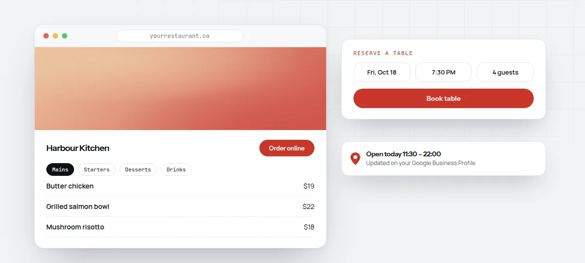 Illustration of a restaurant website with a menu, reservation button and online ordering link