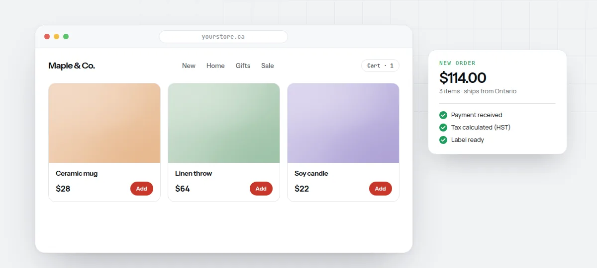 Illustration of an online store with product cards, a cart and a checkout on a phone