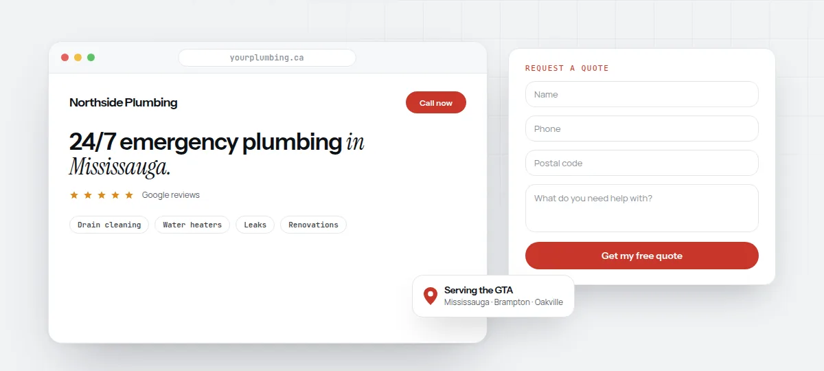 Illustration of a contractor website with a quote request form and a map of service areas